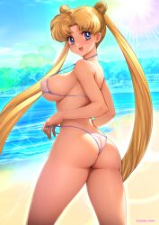 1girls 2d 2d_(artwork) ass beach big_breasts bikini bishoujo_senshi_sailor_moon blonde_hair blue_eyes bubble_butt busty erect_nipples_under_bikini female female_only giant_breasts glare_(lighting) hair_buns huge_breasts long_hair looking_at_viewer looking_back oyaman rear_view seaside solo twintails usagi_tsukino visible_nipples