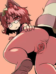 1girls animal_ear anus ass bottomless brown_eyes brown_hair butt clitoris dark_labia glasses hakika leaf mamizou_futatsuiwa partially_clothed presenting pussy sandals solo spread_pussy tail touhou uncensored urethra