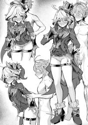 1boy absurdres aether_(genshin_impact) ahoge ascot asymmetrical_gloves bar_censor blush bow bow_panties censored completely_nude cowlick drop-shaped_pupils female full-face_blush furina_(genshin_impact) genshin_impact gloves greyscale hat highres jacket long_hair long_sleeves looking_at_another mismatched_gloves monochrome multicolored_hair no_pants nose_blush nude open_mouth paid_reward_available panties penis short_hair smile standing streaked_hair striped_clothes striped_panties sweatdrop symbol-shaped_pupils thigh_sex thighs top_hat underwear white-paka