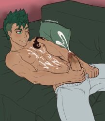 1boy bara barazoku big_penis blush bulge castbound clothing cum cum_drip cum_dripping_from_penis cum_on_chest cum_on_pectorals cum_on_self erection genital_fluids green_eyes green_hair hand_on_penis hard_on male male_focus male_nipples male_only manly masturbation muscular_male nipples orgasm penis shirtless solo solo_male tattoo