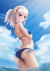 1girls aurora_atria bikini blush clouds day estebaneishon1 female female_focus female_only grey_hair highres horns latam_virtual_youtuber lefolk light-skinned_female light_skin long_horns looking_at_viewer ocean on_side ponytail purple_eyes short_hair short_ponytail small_breasts standing_in_water summer swimsuit virtual_youtuber vtuber vtuberfanart water