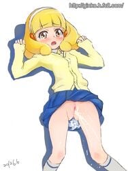 arm_up arms_up blonde_hair blush clothing ginko_(silver_fox) hairband no_panties peeing precure pretty_cure school_uniform short_hair skirt skirt_lift smile_precure solo uncensored yayoi_kise yellow_eyes