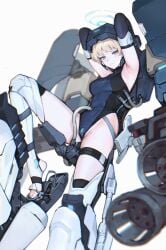 1girls armpits blonde_hair blue_archive blue_eyes blue_toenails blush bondage bound breasts feet female female_only femsub fully_clothed halo human_penetrated iuui leotard looking_at_viewer mecha mechanical mechanical_fixation medium_breasts medium_hair nail_polish restrained revealing_clothes robot robot_on_human robot_penis tagme thigh_strap thighs tight_clothing toki_(blue_archive)