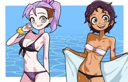 2girls amity_blight bikini breasts brown_eyes brown_hair canon_couple chocolate_and_vanilla cleavage earrings female female_only girlfriends latina lavender_hair looking_at_viewer luz_noceda n___k___m pointy_ears ponytail purple_bikini purple_hair scar sea short_hair swimsuit tattoo the_owl_house the_owl_house_(finale) triangle_earrings two_tone_hair wet wet_body wet_hair witch yellow_eyes