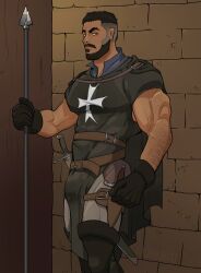 1boy bara barazoku beard bulge castlevania castlevania_(netflix) clothing facial_hair gay hairy jockbeest male male_focus male_only manly mizrak muscular_male precum precum_through_clothing solo solo_male tight_clothing yaoi