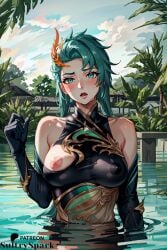 1girls ai_generated breasts dragonmancers_series female female_only kai'sa lagoon_dragon_kai'sa large_breasts league_of_legends patreon patreon_username sultryspark sweat tits_out water wet wet_body wet_skin