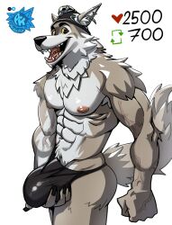 1boy anthro anthro_only ardentka biceps briefs bulge bulge_through_clothing ear_piercing ear_ring fingerless_gloves fortnite furry grey_body grey_fur male male_only painted_nails pecs penis shiny_clothes strip_game twitter_strip_game_(meme) veiny wendell_(fortnite) wolf