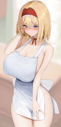 1girls 258n alice_margatroid alternate_breast_size apron arm_up blonde_hair blue_eyes cleavage commission embarrassed female huge_breasts indoors looking_at_viewer medium_hair naked_apron shy shy_expression skeb_commission solo tight_clothing touhou wide_hips