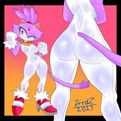 anthro big_breasts blaze_the_cat bodysuit breasts breasts cat_girl dredz feline female female_only fur furry huge_breasts mammal nipple_bulge purple_body purple_fur sega shoes solo sonic_(series) sonic_the_hedgehog_(series) tail thick thick_ass thick_thighs white_fur white_gloves wide_hips yellow_eyes