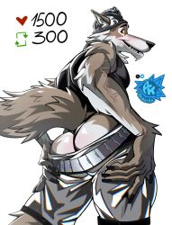 1boy anthro anthro_only ardentka ass biceps bulge ear_piercing ear_ring fingerless_gloves fortnite furry grey_body grey_fur male male_only painted_nails pecs pulling_down_pants shiny_clothes shorts strip_game tank_top twitter_strip_game_(meme) veiny wendell_(fortnite) wolf