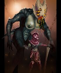 abs anthro armor armored_boots armored_female arthropod arthropod_humanoid breasts carapace crustacean duo eldritch_horror female female_focus female_only gladiator gladiatrix glowing_eyes god_tamer helmet hollow_knight insectoid insects mask masked monster multi_eye muscular muscular_female muscular_thighs pet pierced_nipples piercing scars size_difference slime spikes spikes_(anatomy) sword team_cherry tentacle vagina warrior weapon