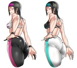 2girls alternate_color aqua_hair ass back bare_shoulders black_hair breasts chinese_clothes collage cropped_legs dual_persona dudou eye_(mememem) fully_clothed hair_down halterneck hand_on_own_ass huge_ass juri_han looking_back medium_breasts medium_hair multicolored_hair multiple_girls pants pink_hair player_2 purple_eyes skin_tight sleeveless solo_focus streaked_hair street_fighter street_fighter_v striped thick_thighs thighs two-tone_hair vertical_stripes wide_hips yoga_pants