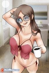 1girls bare_arms bare_legs bare_shoulders bare_thighs big_breasts bra brown_eyes brown_hair clothed clothing coffe female female_focus female_only glasses hi_res jago_dibuja large_breasts light-skinned_female light_skin lingerie living_with_hipstergirl_and_gamergirl long_hair megan_(living_with_hipstergirl_and_gamergirl) panties solo solo_female tagme thick_thighs tongue tongue_out underwear