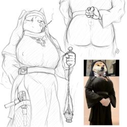 1girls 2022 amadchief anthro belt big_boobs big_breasts big_tits canine christianity cross disembodied_tail dog_ears female female_focus female_only fur furry grenade hiding_object holding holding_object meme modified_gun nipple_bulge nishikawa_(amadchief) nun nun_outfit scar scars shiba_inu silencer sketch uzi weapon white_background white_hair