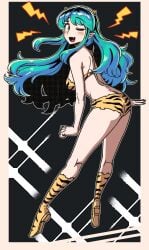 ass bangs bikini bikini_bottom bikini_top blue_hair boots cute_fang eyebrows eyelashes green_hair hair long_hair looking_back lum midriff oerba_yun_fang pale-skinned_female pale_skin pointed_ears pointy_ears powtaytow3333 tiger_print urusei_yatsura yellow_eyes