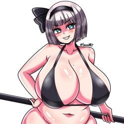 beauty_mark beauty_mark_on_breasts beauty_mark_under_mouth big_breasts bikini_top black_bikini_top black_hair_ribbon breasts breasts_bigger_than_head cyan_eyes female female_only hair_ribbon half-human katana large_breasts pale-skinned_female pale_skin seireiart sheath silver_hair sword touhou youmu_konpaku