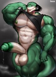 abs anthro balls barazoku biceps big_balls big_muscles big_pecs big_penis black_clothing bodily_fluids clothed clothing clothing_lift digital_media_(artwork) dripping erection genital_fluids genitals glans glistening glistening_abs glistening_balls glistening_body glistening_genitalia glistening_glans glistening_penis glistening_skin green_glans green_nipples green_penis hi_res huge_balls huge_biceps huge_cock huge_muscles huge_pecs huge_thighs huge_triceps humanoid_genitalia humanoid_penis leaking_precum long_penis long_tail magangz male male_only manly multicolored_penis muscular muscular_anthro muscular_arms muscular_legs muscular_male muscular_thighs nipples partially_clothed pecs penis precum precum_drip raised_clothing raised_shirt raised_tank_top raised_topwear saggy_balls shirt simple_background solo tail tank_top tank_top_only thick_penis thick_tail thick_thighs topwear two_tone_penis vein veiny_arms veiny_muscles veiny_penis