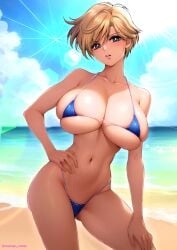 1girls beach bikini bishoujo_senshi_sailor_moon blonde_hair blue_eyes hand_on_hip haruka_tenou huge_breasts large_breasts looking_at_viewer micro_bikini oyaman seaside short_hair swimsuit thong_bikini voluptuous