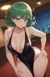 1girls ai_generated alternate_breast_size breasts cleavage cocktail_dress dress female green_eyes green_hair hi_res light-skinned_female light_skin medium_breasts one-punch_man short_hair slim stable_diffusion stuffyai tatsumaki thick_thighs wide_hips