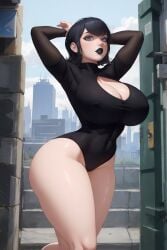 1girls 1monster ai_generated black_hair black_lipstick blue_eyes boob_window generatornowai goth hotel_transylvania large_breasts leotard looking_at_viewer mavis_dracula milf nipple_bulge solo thick_thighs