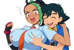 1boy 1boy1girl 1girls ai_generated angry_breast_grab black_hair breast_grab dark-skinned_female dark_skin female human large_breasts nemona_(pokemon) novelai pokemon pokemon_champion pokemon_journeys pokemon_sv satoshi_(pokemon) school_uniform smile surprised