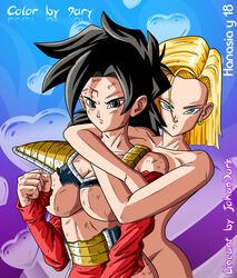 2girls abs android android_18 black_eyes black_hair blonde blonde_hair blood blue_eyes bruise bruises clenched_fist cover_page dragon_ball dragon_ball_z earrings female female_only hanasia hips hugging hugging_from_behind johan_dark looking_at_viewer multiple_girls red_sleeves saiyan saiyan_armor serious spiky_hair tits underboob