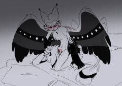 alastor_(hazbin_hotel) cat_humanoid closed_eyes facesitting gay hazbin_hotel homosexual husk_(hazbin_hotel) male/male male_only naughty_nebby nebulabunny open_mouth oral_sex sweating wings yaoi