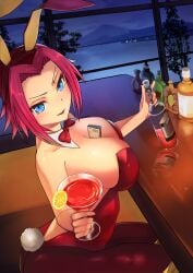 absurdres alcohol animal_ears between_breasts blue_eyes bottle bow bowtie breasts bunnysuit code_geass cup drinking_glass fake_animal_ears fake_tail highres kouzuki_kallen large_breasts leotard litimo looking_at_viewer pantyhose playboy_bunny rabbit_ears rabbit_tail red_hair short_hair tail