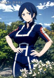 1girls ai_generated big_breasts blue_eyes blue_hair blue_sky breasts cosplay devil_survivor_2 female female_only forest hands_on_hips kukun_2000 large_breasts looking_at_viewer megami_tensei mountain my_hero_academia outside sako_makoto shin_megami_tensei short_hair u.a._gym_uniform upper_body