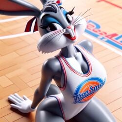 after_transformation ai_generated basketball_court basketball_uniform big_breasts bimbofication bimbofied bugs_bunny busty cheerleader edited looking_at_viewer looking_up looney_tunes mtf_transformation one-piece_swimsuit rule_63 seductive_look seductive_pose space_jam