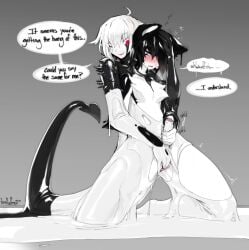 anthro black_body black_latex blush cuntboy cuntboy_sans_balls cuntboy_transformation dialogue dominant dominant_ambiguous dragon duo errai_(character) felid feline felis finger_fuck fingering fireflufferz genitals goo_transformation hand_on_head handjob herm hermaphrodite hi_res human hybrid imp intersex intersex/ambiguous latex latex_body liquid liquid_latex living_clothes living_latex male maleherm mammal masturbation merging mti_transformation multi_genitalia mythological_creature mythological_scalie mythology penetration penile penis pussy red_eyes scalie sex simple_background sketch_(fireflufferz) slime speech_bubble submissive submissive_intersex submissive_maleherm talking_to_another talking_to_partner text transformation vaginal_penetration white_body white_latex