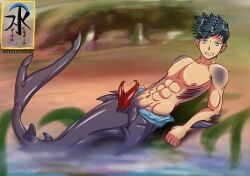 1boy 2022 2_penises abs aqua_regia_arts artist_name beach blue_eyes blue_hair diphallia diphallism keitaro_nagame male male_only merfolk merman multi_genitalia multi_penis muscular muscular_male penis solo solo_focus twink watermark