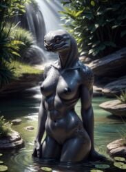 ai_generated alien alien_girl bathing breasts crouching female female_sangheili grey_body halo halo_(series) looking_away marcus64 nature navel nipples nude nude_female pond pussy sangheili sangussy solo