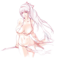 bikini blue_eyes bow_(weapon) breasts cleavage clothes female functionally_nude hair_ribbon highres huge_breasts long_hair looking_at_viewer majikina_mina midriff nipples no_panties open_mouth ponytail pubic_hair pussy q_azieru ribbon samurai_shodown see-through see-through_bikini simple_background snk solo standing tied_hair weapon white_background white_hair