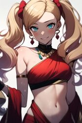 ai_generated ann_takamaki blonde_hair blue_eyes indian jewelry light-skinned_female looking_at_viewer persona_5 red_clothing red_sarong saree smiling twintails white_female