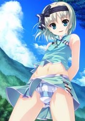 1boy androgynous aogiri_penta blue_eyes bulge crossdressing femboy girly human josou_sanmyaku kurubayashi_shizuki looking_at_viewer male male_only navel pant panties penis short_hair skirt solo trap white_hair white_skin