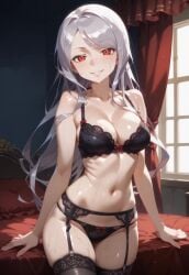 ai_generated bare_legs huge_breasts huge_thighs large_breasts light-skinned_female light_skin lingerie lingerie_only long_hair looking_at_viewer mako_(artist) oiled_body oiled_skin overlord_(maruyama) red_eyes shalltear_bloodfallen silver_hair smiling solo_female squatting sweat sweatdrop thick_thighs thighs vampire_girl voluptuous voluptuous_female