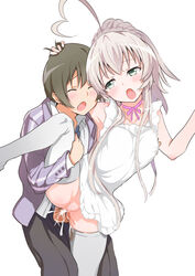 ahoge alternate_costume alternate_hairstyle apron blush brown_hair choker closed_eyes female green_eyes haiyore!_nyaruko-san male naked_apron namago nyarlathotep_(nyaruko-san) open_mouth penis school_uniform sex short_hair silver_hair straight thighhighs uncensored vaginal_penetration white_legwear yasaka_mahiro