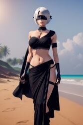 ai_generated beach black_clothing black_gloves black_sarong blindfold blindfolded_female indian light-skinned_female nier:_automata saree video_game_character white_hair yorha_2b