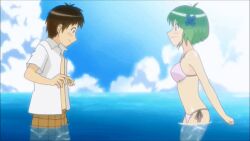 1boy 1girls :) ^_^ armpits ass back bakadere bare_back bare_hips bare_legs bikini bikini_bottom bikini_top couple couple_love date female green_hair hair_ornament happy hip_focus hips hug hugging idiot kenkou_zenrakei_suieibu_umishou legs male medium_hair ninagawa_amuro ocean pink_bikini sea shorts side-tie_bikini_bottom side-tie_thong swimming teen teen_girl teenage teenage_girl teenager thong thong_bikini white_shirt wholesome x_hair_ornament yellow_shirt young