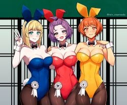 2024 3girls alternate_costume alternate_hairstyle animal_ears artist_name badge bare_shoulders bernadetta_von_varley blonde_hair blush bow bowtie breasts bunny_ears bunny_girl bunny_tail bunnysuit cleavage commission fake_animal_ears fake_tail female female_only fire_emblem fire_emblem:_three_houses fire_emblem_warriors:_three_hopes fluffy_tail green_eyes grey_eyes hair_ornament hand_on_shoulder highres ingrid_brandl_galatea leonie_pinelli light-skinned_female light_skin looking_at_viewer medium_breasts multiple_girls nail_polish nintendo official_alternate_hairstyle open_mouth orange_eyes orange_hair playboy_bunny purple_eyes purple_hair rabbit_ears rabbit_tail rein_creamsoda short_hair tail v watermark wrist_cuffs