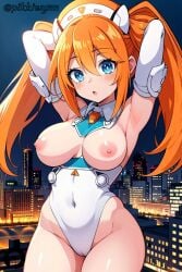 ai_generated armpits arms_behind_head arms_up blue_eyes blush breasts breasts_out covered_navel cowboy_shot elbow_gloves female gloves hair_between_eyes large_breasts leotard long_hair looking_at_viewer neptunia_(series) night nipples open_mouth orange_hair orange_heart pikkiwynn power_symbol solo symbol-shaped_pupils thighs twintails white_gloves white_leotard