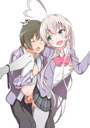 ahoge anal black_panties blush bow brown_hair closed_eyes clothed_sex female green_eyes haiyore!_nyaruko-san male namago nyarlathotep_(nyaruko-san) open_mouth panties panties_around_leg panties_around_one_leg penis plaid plaid_skirt school_uniform sex short_hair silver_hair skirt straight thighhighs uncensored underwear vaginal_penetration white_legwear yasaka_mahiro