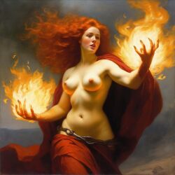 ai_generated belly blue_eyes breasts curly_hair curvy female fire fireball ginger_hair holding_fireball lips long_hair medium_breasts mountain navel nipples pyrokinesis red_hair smoke solo topless wide_hips william_bouguereau