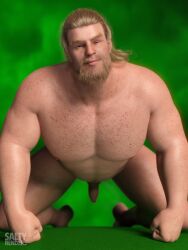 3d 3d_(artwork) 3d_model all_fours bara bara_tiddies bara_tits big_boy blonde_hair blue_eyes freckled_skin himbo looking_at_viewer male male_focus male_only male_solo marvel muscles muscular muscular_male playful playful_smile saltyrenders smirking_at_viewer solo_focus solo_male thor_(marvel) thor_(series) uncut uncut_penis