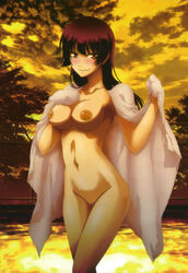 artist_request black_hair breasts cleavage evening female highres hime_cut kanoe_yuuko karge_breasys large_breasts long_hair navel nipples nude nude_filter photoshop pointy_chin pussy red_eyes solo tasogare_otome_x_amnesia towel