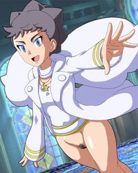 1girls bottomless brown_hair carne_(pokemon) champion coat diantha_(pokemon) eyelashes female female_only half-dressed human looking_at_viewer makeup necklace nintendo open_mouth pokemon pokemon_xy pubic_hair shirt short_hair smile solo standing tongue