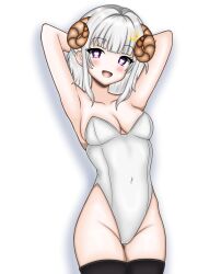 1girls arms_behind_head aurora_atria bunnysuit cleavage female female_focus female_only front_view grey_hair heart-shaped_pupils highres horns latam_virtual_youtuber lefolk light-skinned_female light_skin long_horns looking_at_viewer purple_eyes short_hair simple_background small_breasts smiling smiling_at_viewer standing thighhighs virtual_youtuber vtuber vtuberfanart white_background yeizer