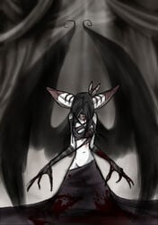 arm_warmers black_hair bleeding blindfold blood blood_stain bloody_clothes breasts claws clothes color curtains dark dress female female_only front_view hair jennadelle mimi pointy_ears scary stained_clothes torn_clothes wings