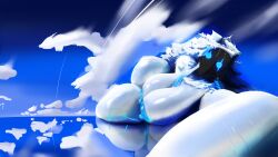 anthro biceps big_breasts blue_eyes bovid breasts caprine digital_media_(artwork) female fur hair hi_res humanoid kindred lamb_(league_of_legends) league_of_legends looking_at_viewer lying mammal mask muscular muscular_female nipples nude on_side perspective_shot reflection riot_games sea sheep sky skyscape solo thick_thighs water wet white_body white_fur